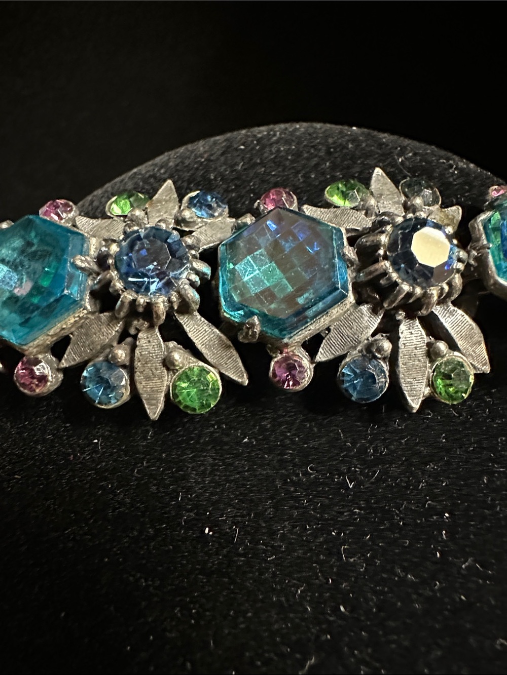 Vintage Signed FLORENZA Blue Aurora Borealis Rhinestone Link Bracelet (As-Is) - Picture 15 of 16